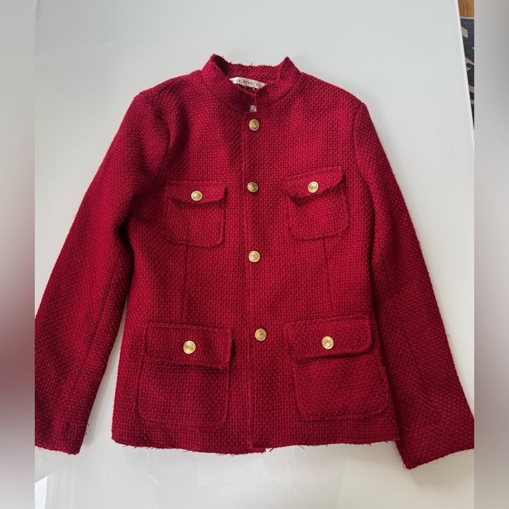 Max Studio Red Tweed Military Style Jacket Gold Buttons